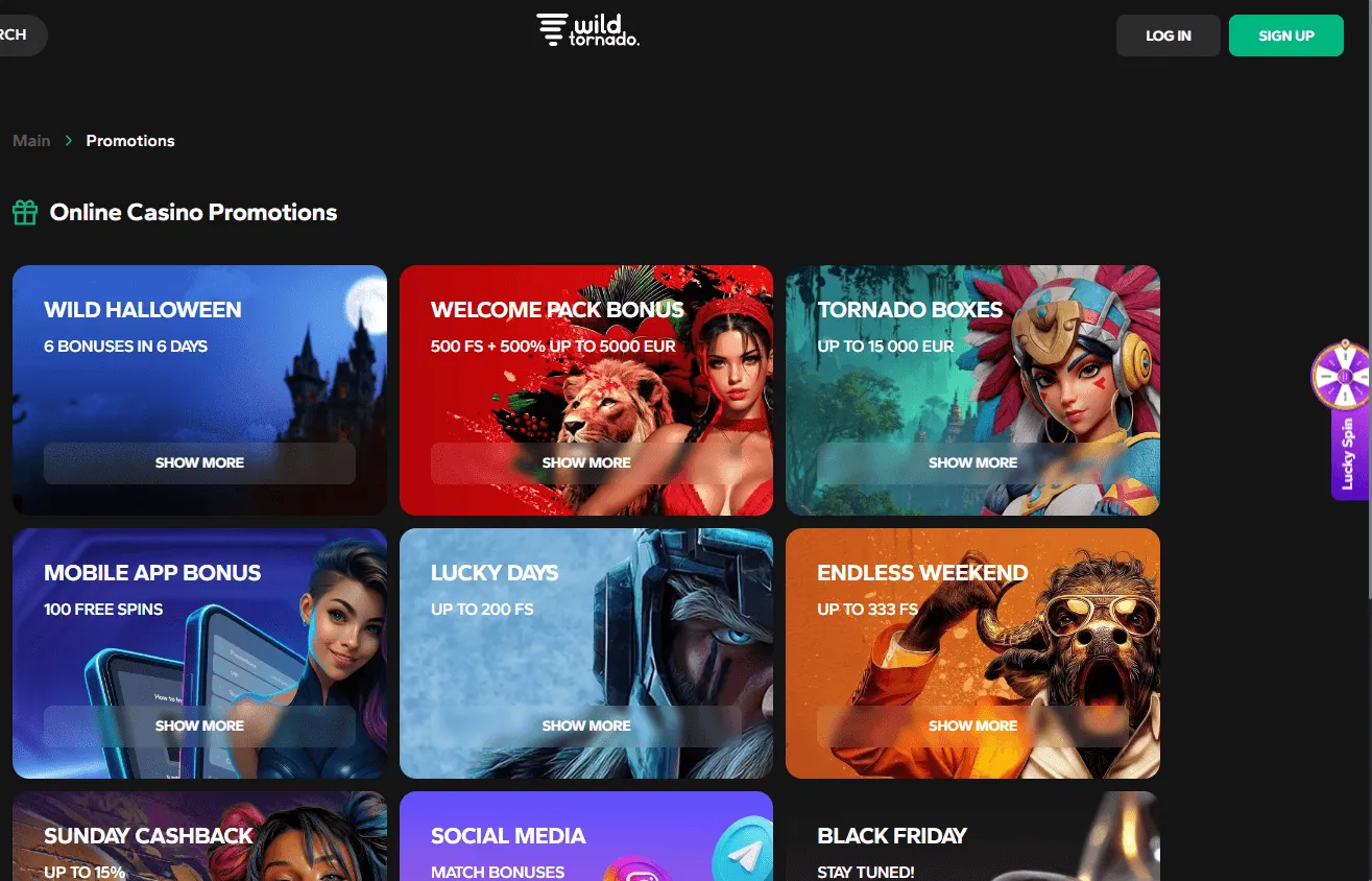 Wild Tornado Casino desktop promotions area