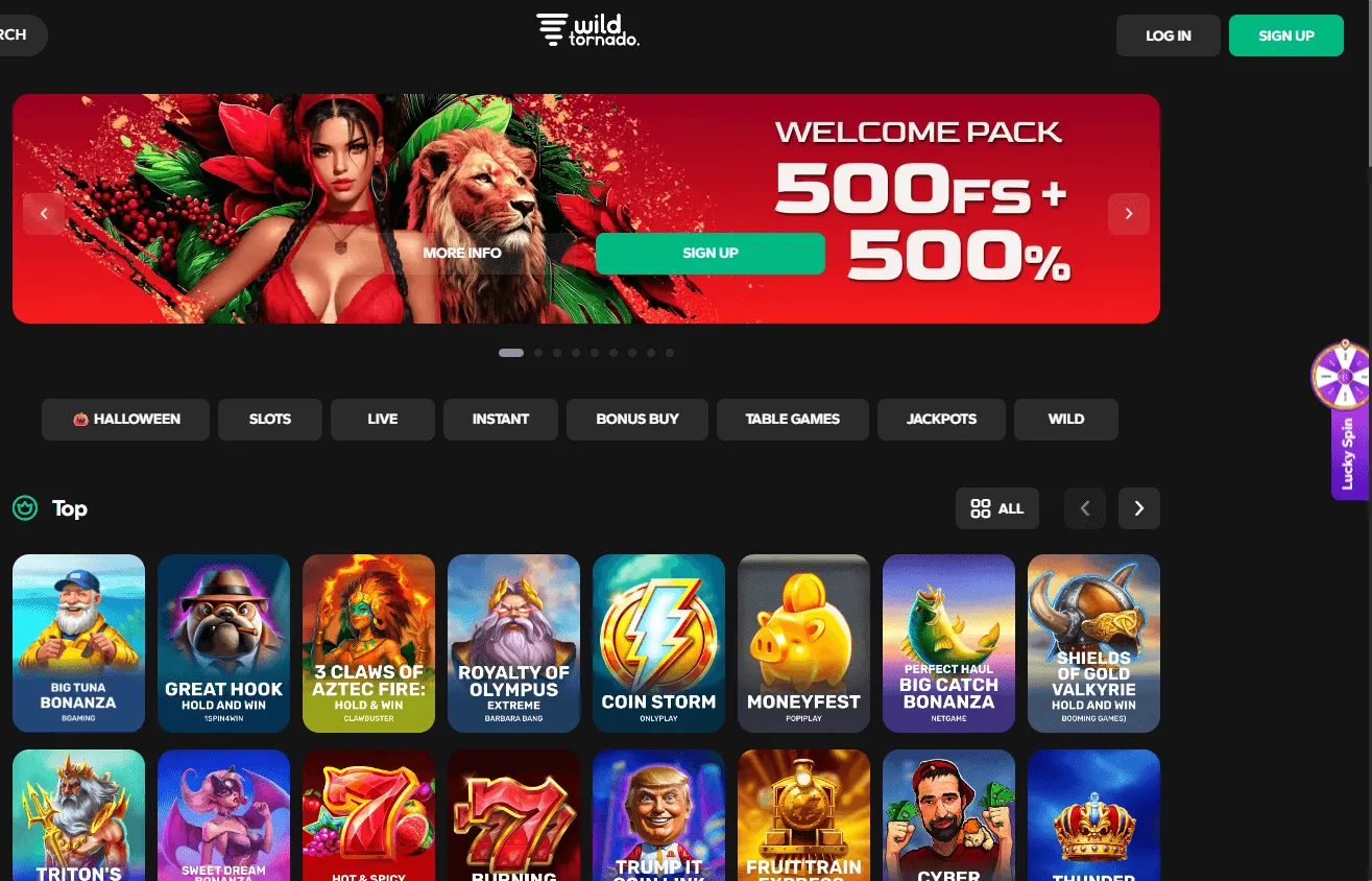 Wild Tornado Casino desktop home interface
