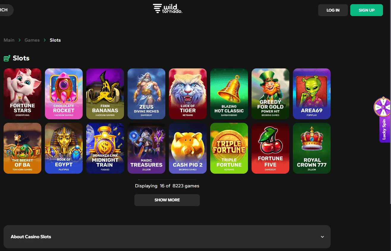 Wild Tornado Casino desktop games catalogue