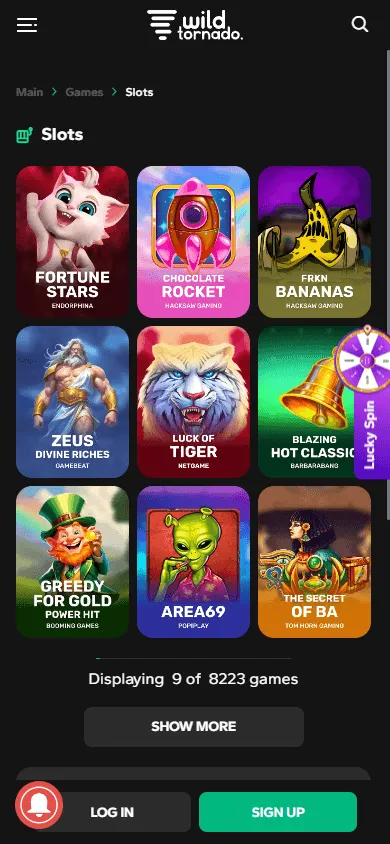 Wild Tornado Casino mobile games catalogue