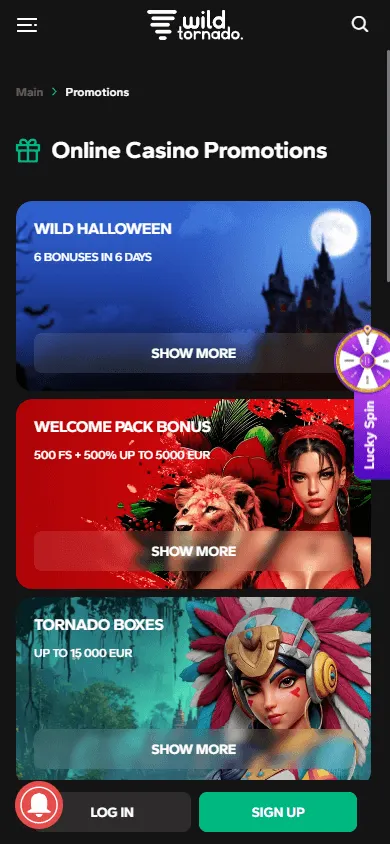 Wild Tornado Casino mobile promotions area
